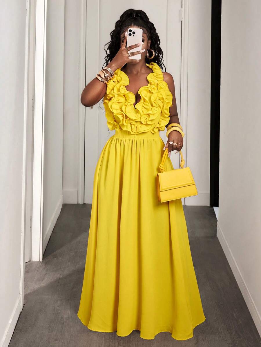Yellow Deep V-Neck Ruffle Halt – Maxi Dress Halter Bewertung und Preis