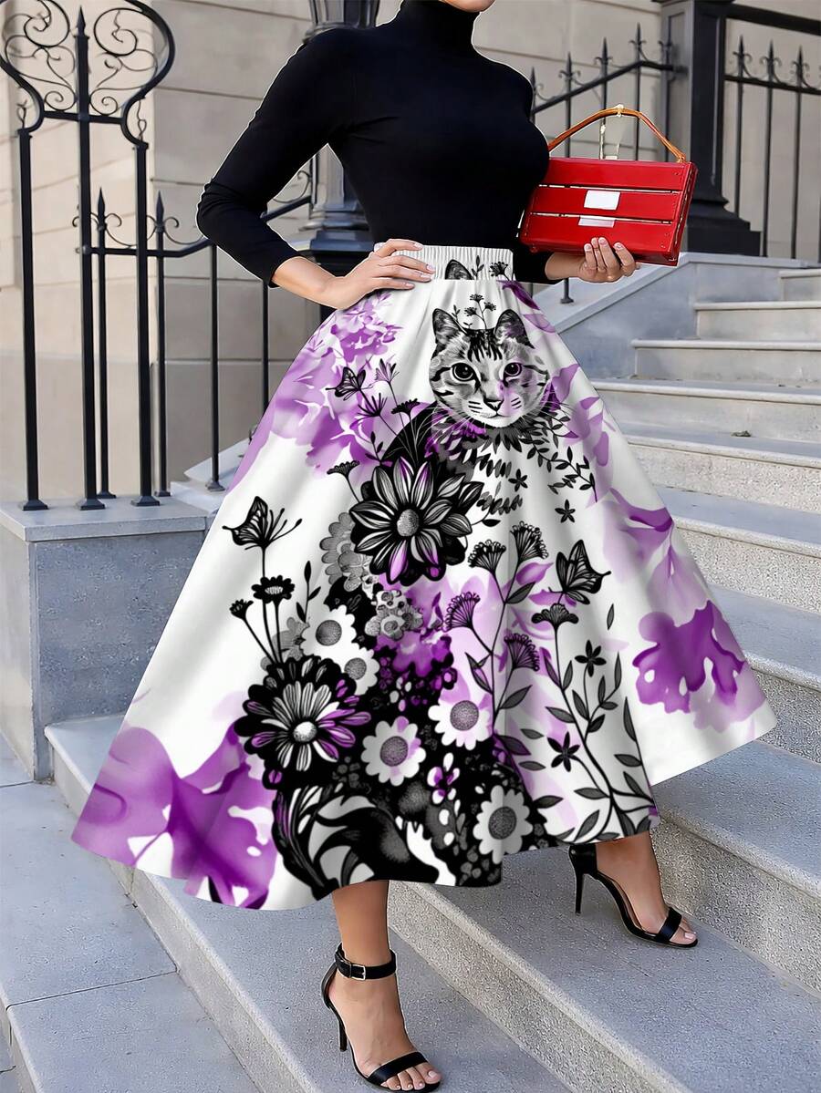 Oversized Floral Cat Print Mid – Midi Skirt Floral Bewertung und Preis