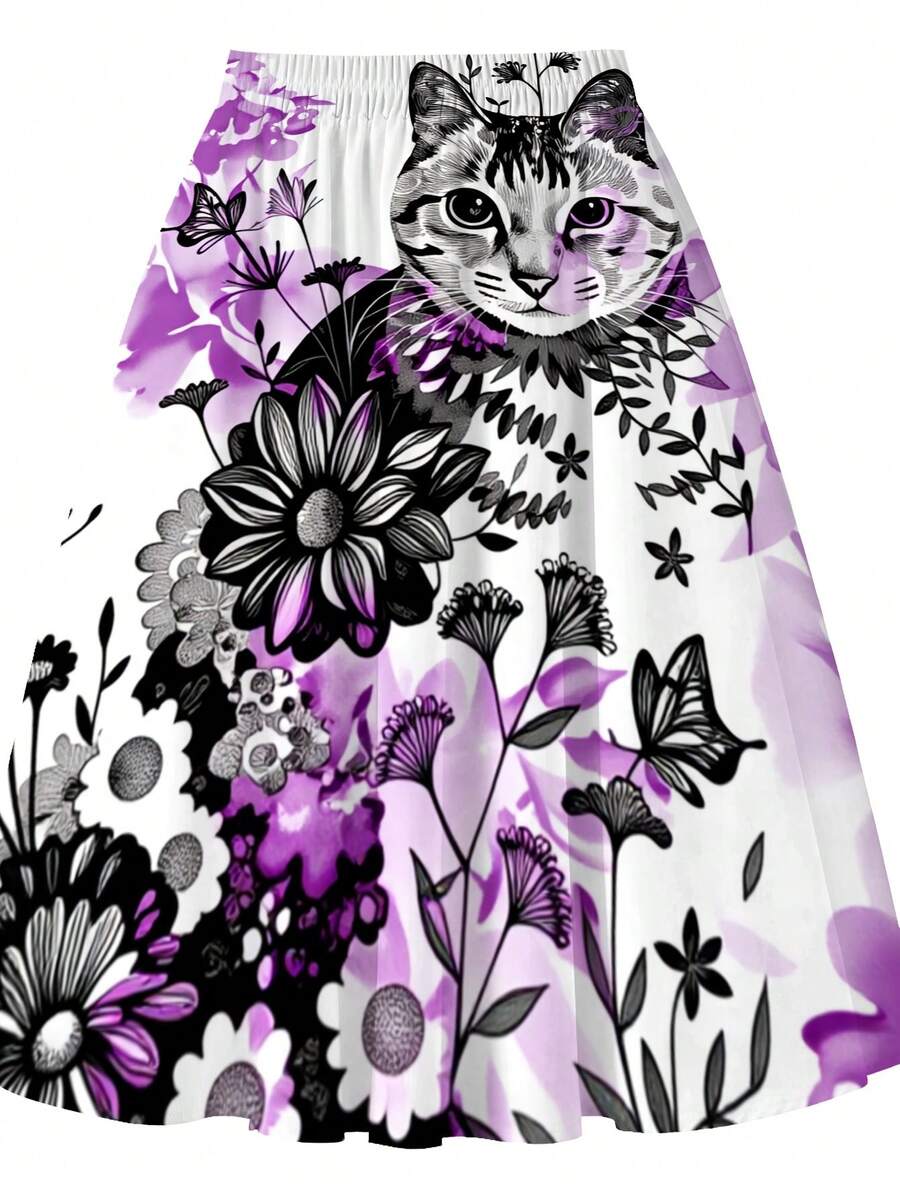 Oversized Floral Cat Print Mid – Midi Skirt Floral Bewertung und Preis
