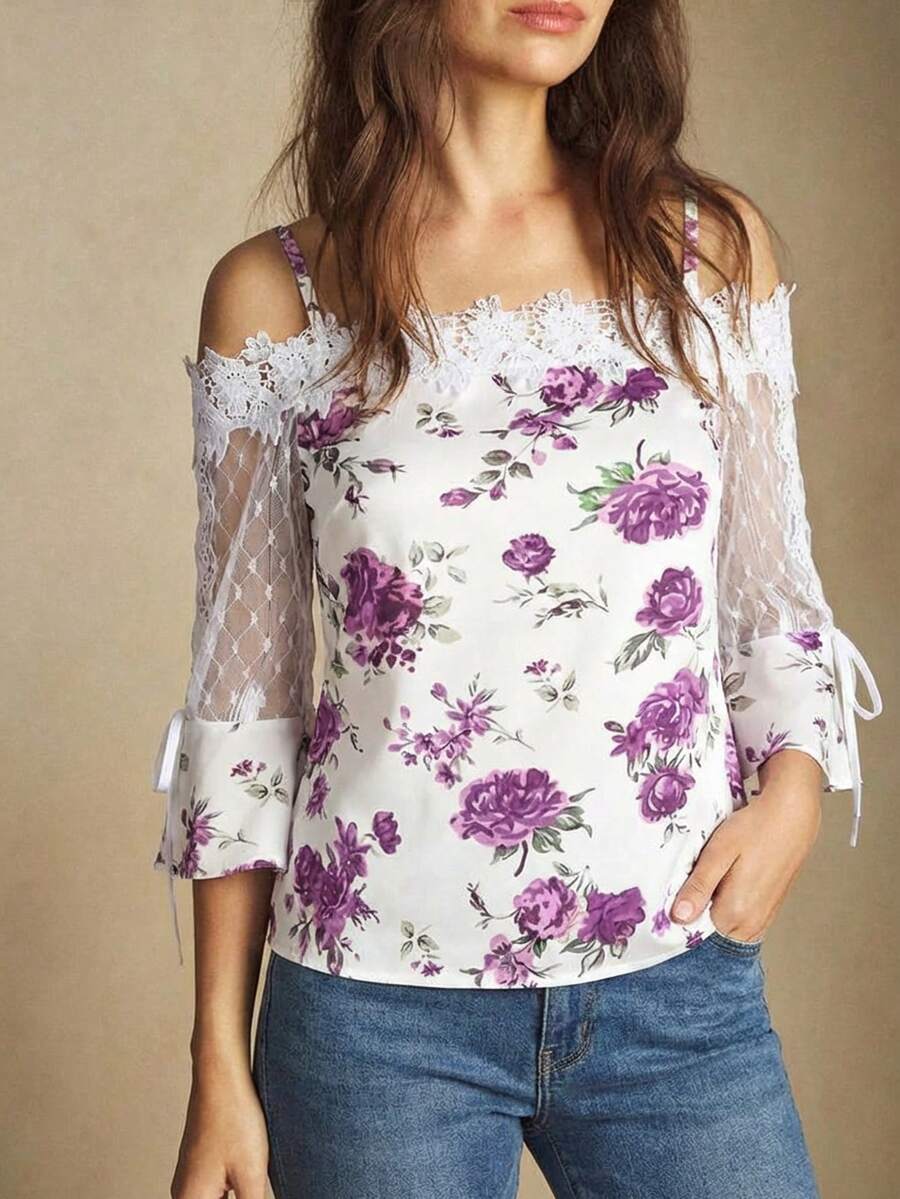 Purple Floral Print Off Should – Blouse Off Shoulder Bewertung und Preis