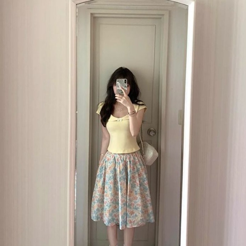 Women 2 Piece Set Bow Top And  – Midi Skirt Floral Bewertung und Preis